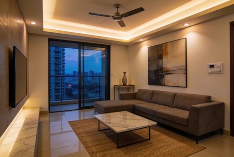 The same flat finished: show-flat living room with smart lighting, warm and realistic