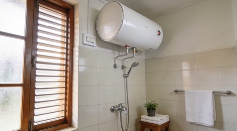 Warm Indian bathroom in morning light, wall-mounted geyser with a small copper indicator glowing, middle-class Kolkata apartment