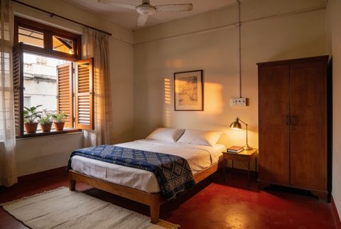 Master bedroom of a Kolkata apartment near midday, wardrobe and curtains, warm and lived-in