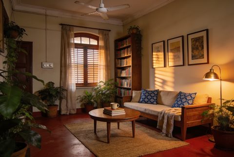 Living room of a middle-class Kolkata apartment in morning light, ceiling fan, bookshelf, lived-in and warm